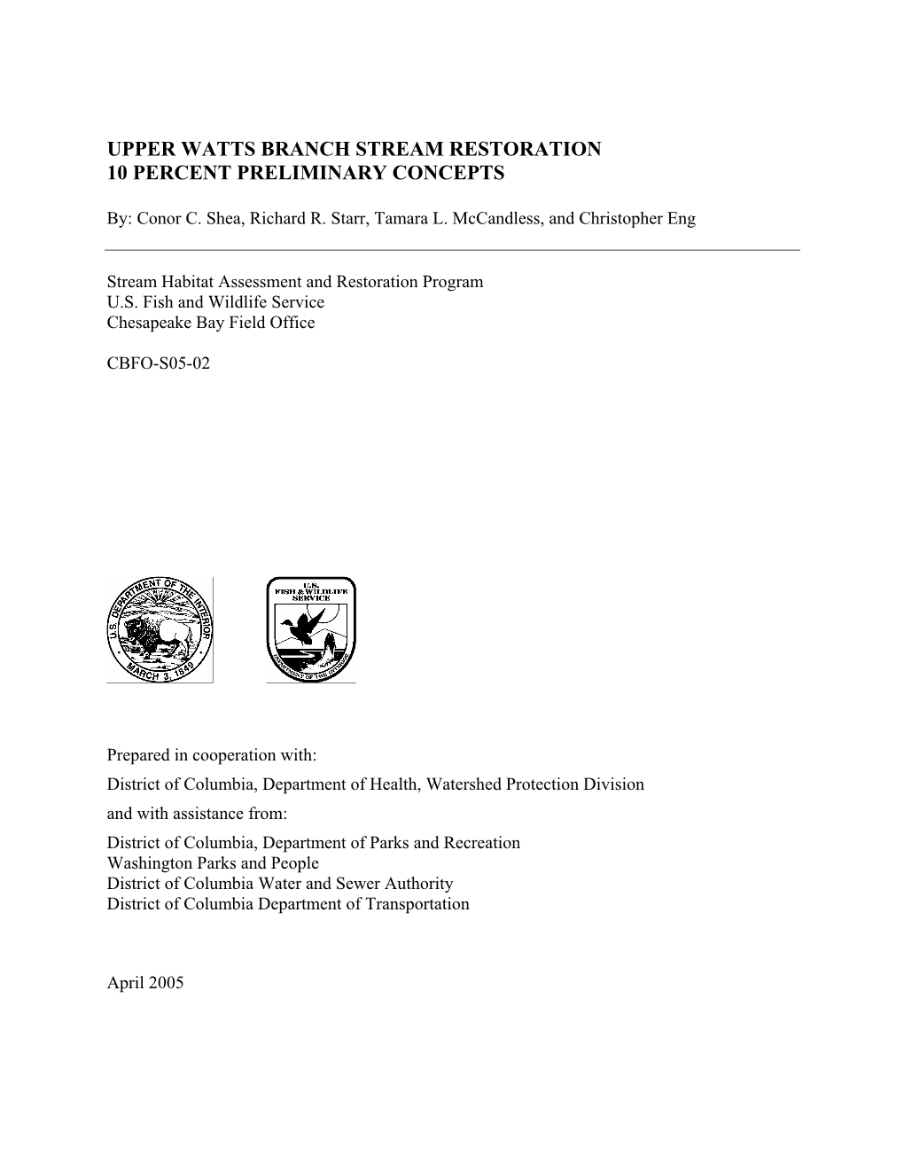 Upper Watts Branch Stream Restoration 10 Percent Preliminary Concepts