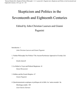 Skepticism and Politics in the Seventeenth and Eighteenth Centuries