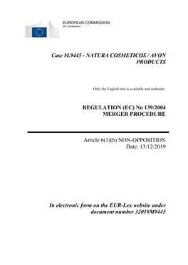 Case M.9445 - NATURA COSMETICOS / AVON PRODUCTS