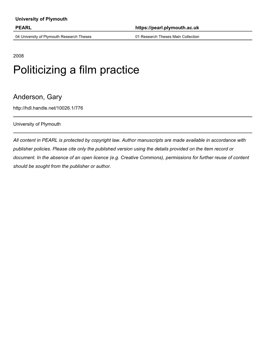 By Gary Anderson a Thesis Submitted to the University of Plymouth in Partial Fulfilment for the Degree of School of Media and Ph