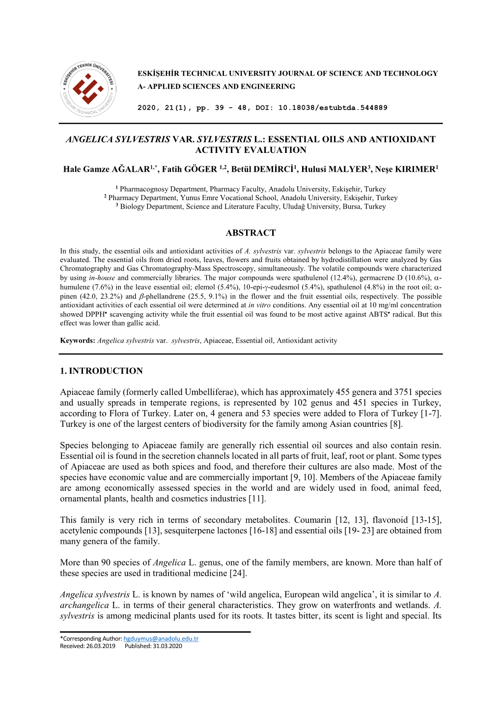 Angelica Sylvestris Var. Sylvestris L.: Essential Oils and Antioxidant Activity Evaluation