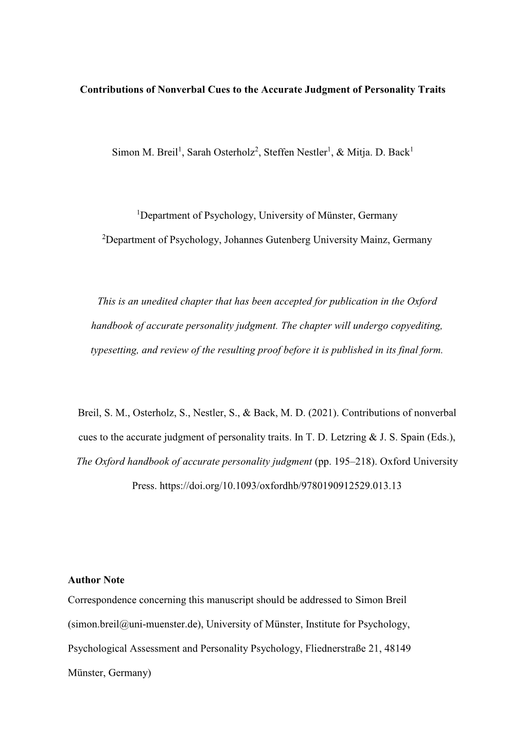 Contributions of Nonverbal Cues to the Accurate Judgment of Personality Traits