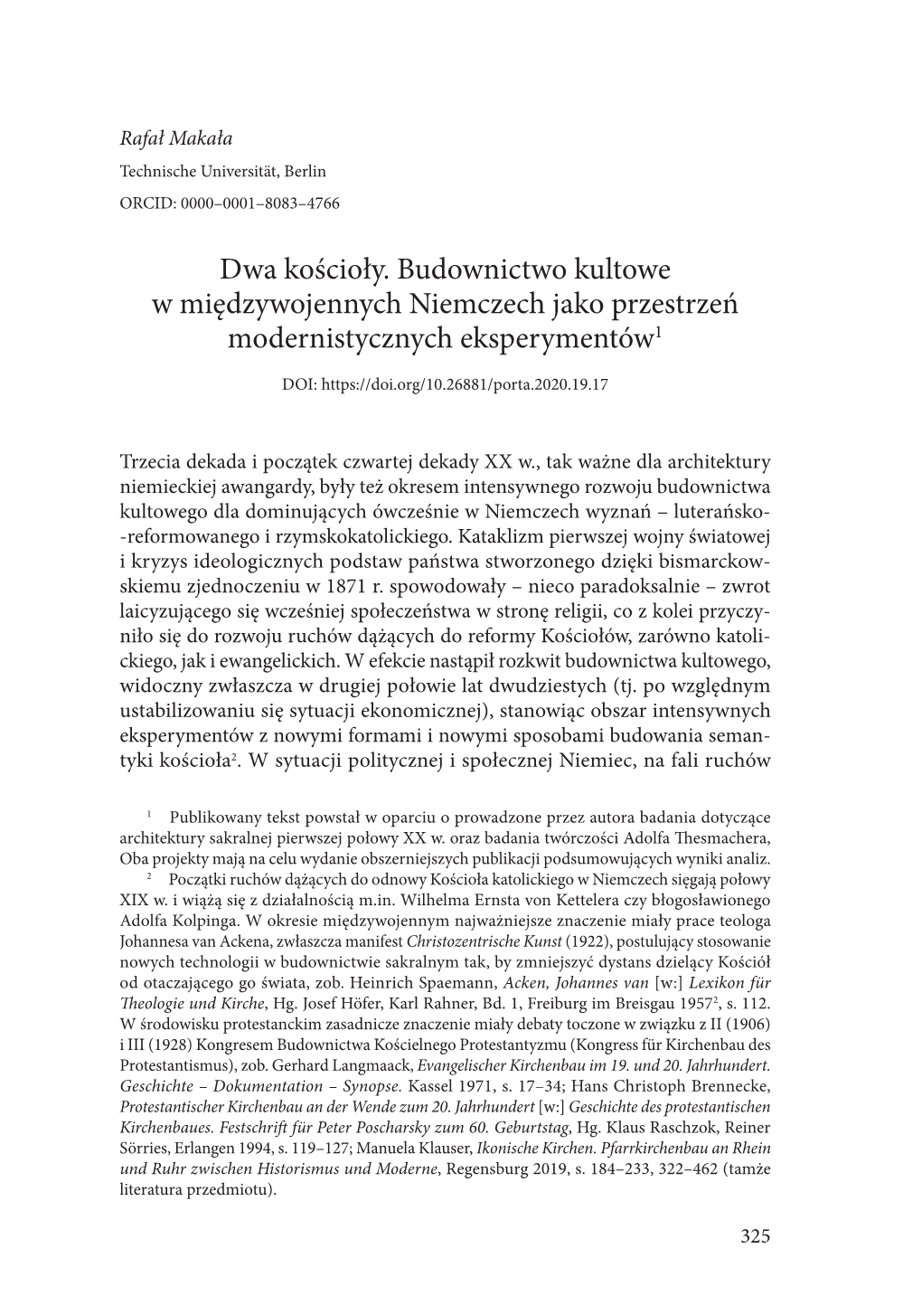 Dwa Kościoły. Budownictwo Kultowe W Międzywojennych Niemczech Jako Przestrzeń Modernistycznych Eksperymentów1