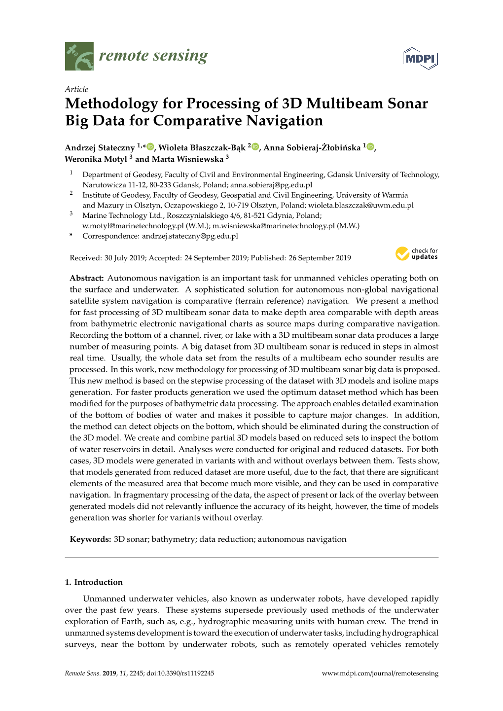 Methodology for Processing of 3D Multibeam Sonar Big Data for Comparative Navigation