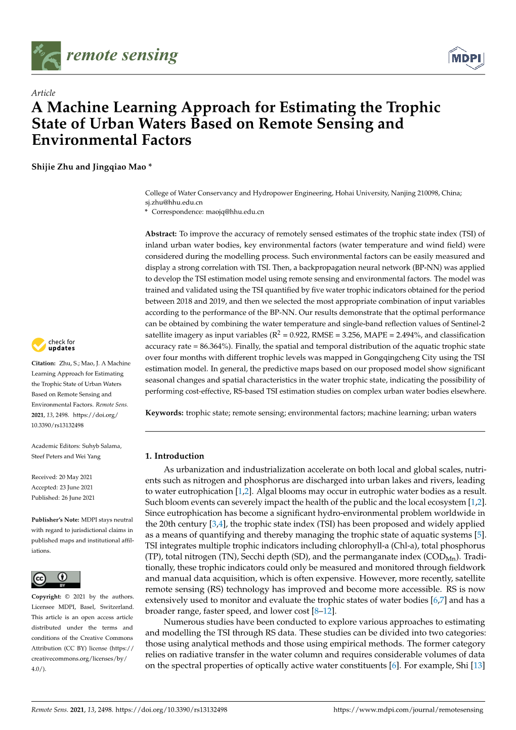 A Machine Learning Approach for Estimating the Trophic State of Urban Waters Based on Remote Sensing and Environmental Factors