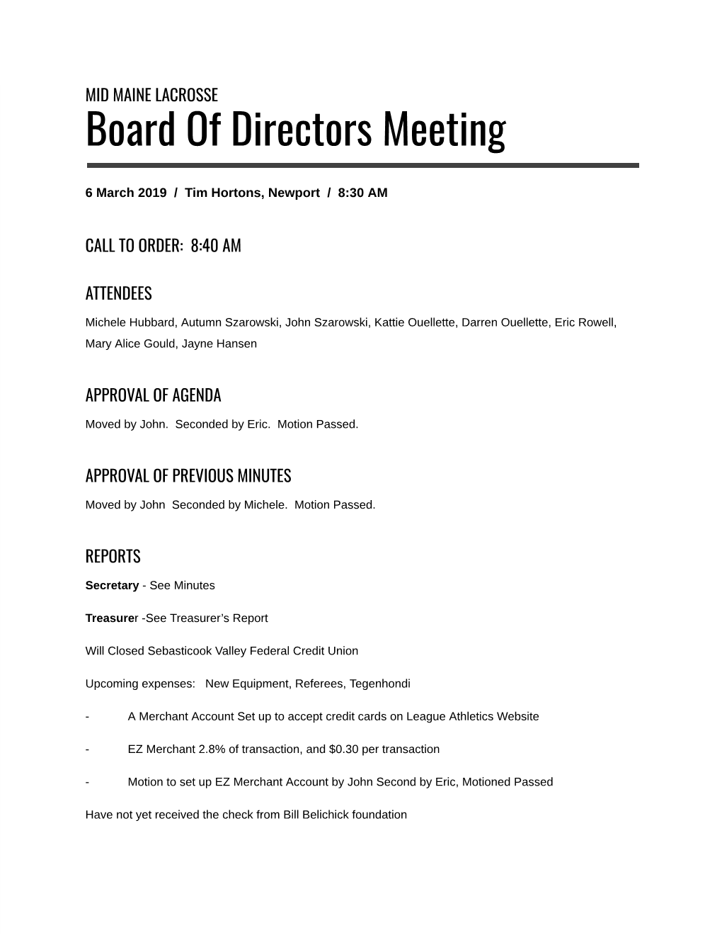 Board of Directors Meeting