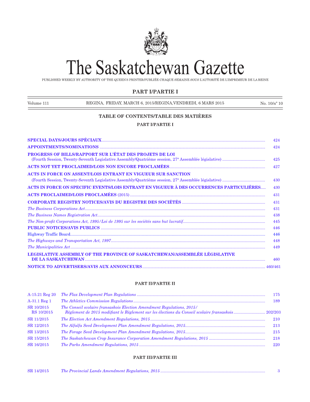 Gazette Part I, March 6, 2015