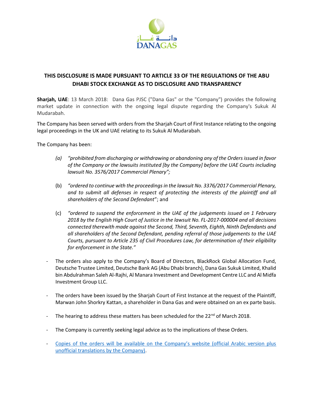 This Disclosure Is Made Pursuant to Article 33 of the Regulations of the Abu Dhabi Stock Exchange As to Disclosure and Transparency