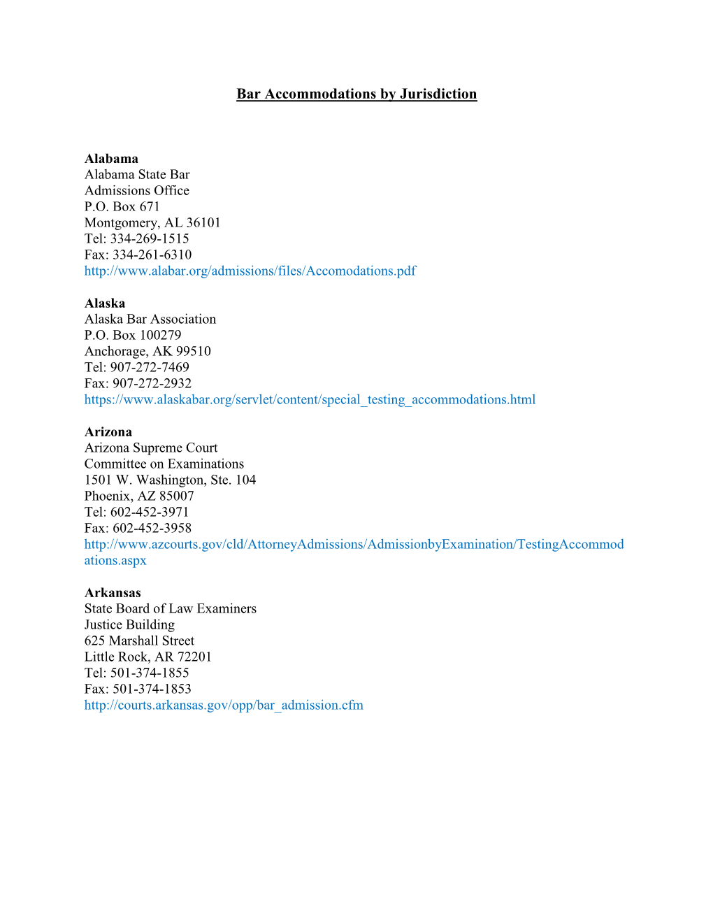 Bar Accommodations by Jurisdiction