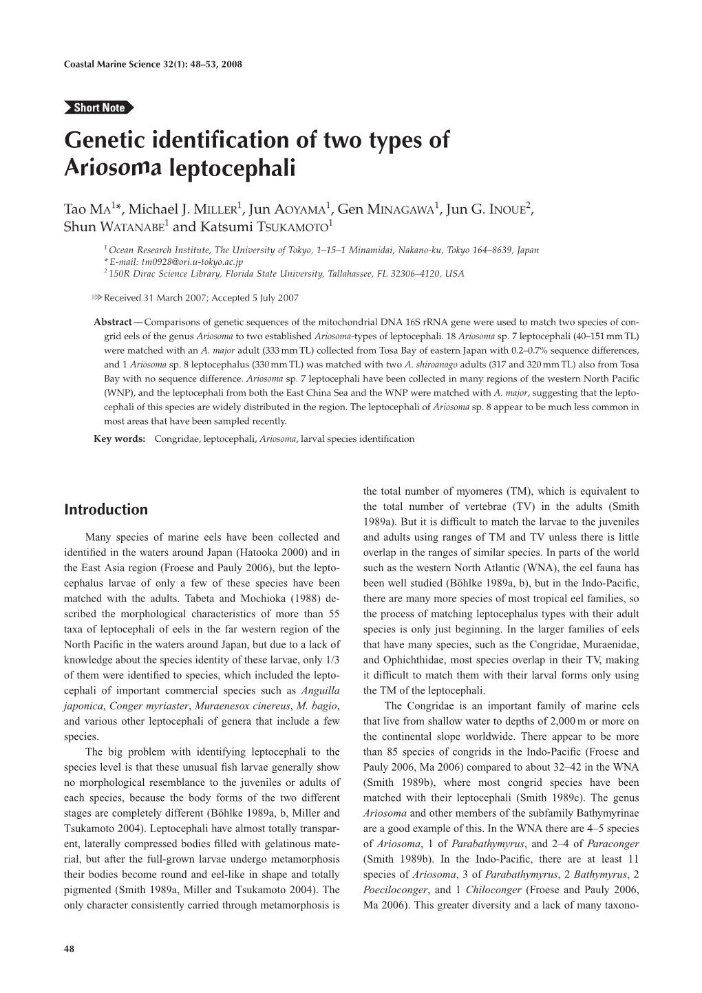 Genetic Identification of Two Types of Ariosoma Leptocephali