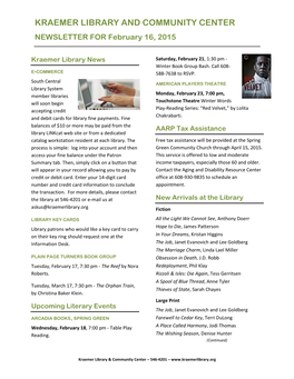 KRAEMER LIBRARY and COMMUNITY CENTER NEWSLETTER for February 16, 2015