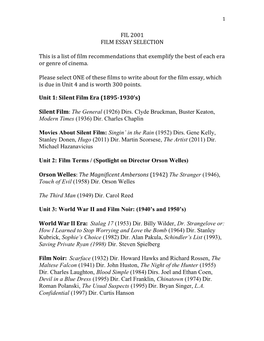 FIL 2001 FILM ESSAY SELECTION This Is a List of Film