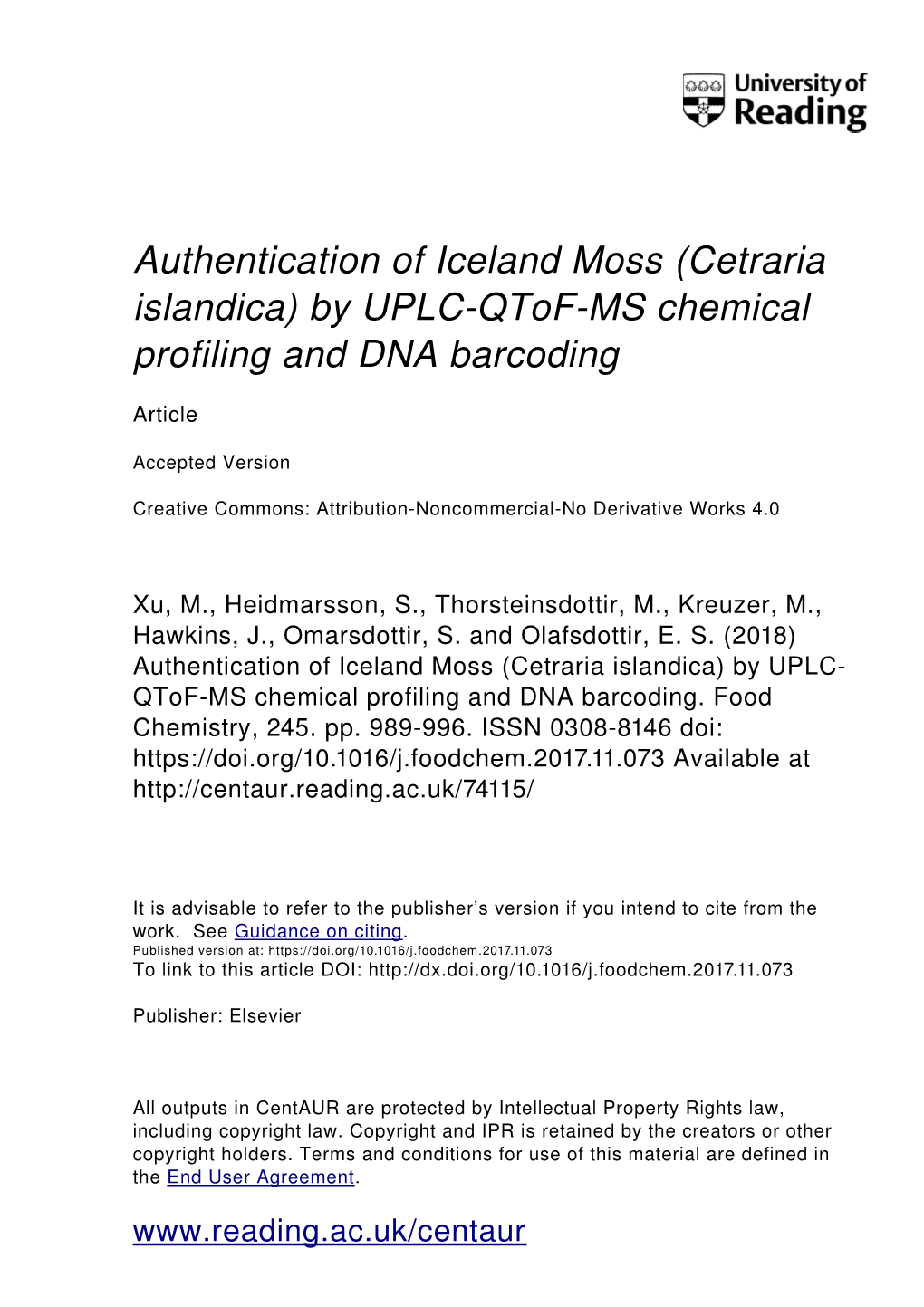 Cetraria Islandica) by UPLC­Qtof­MS Chemical Profiling and DNA Barcoding