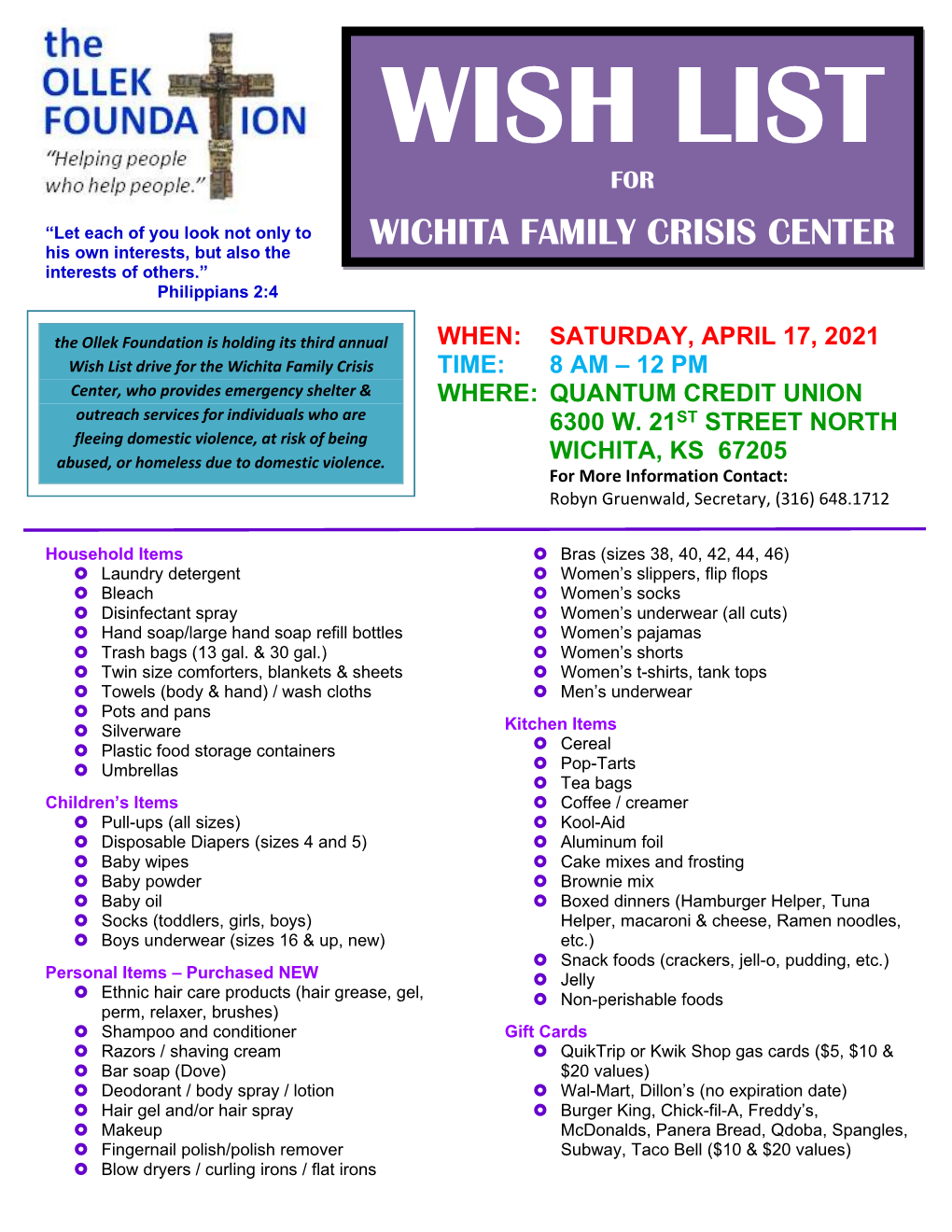 WICHITA FAMILY CRISIS CENTER His Own Interests, but Also the Interests of Others.” Philippians 2:4