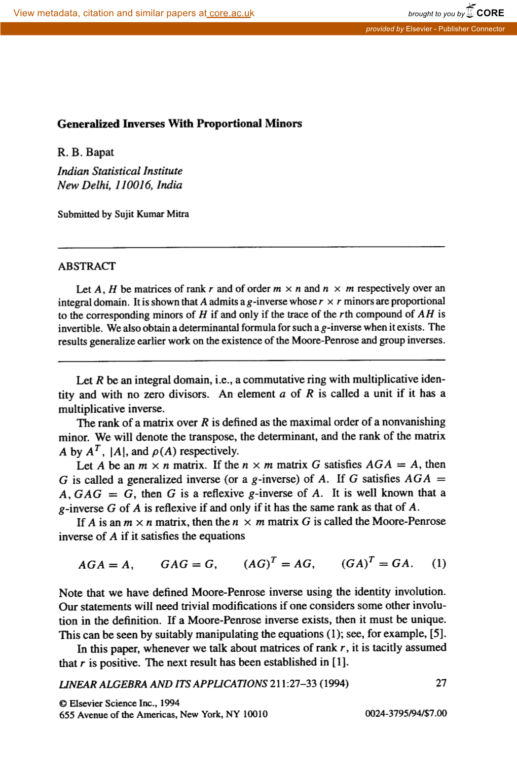 Generalized Inverses with Proportional Minors R. B. Bapat