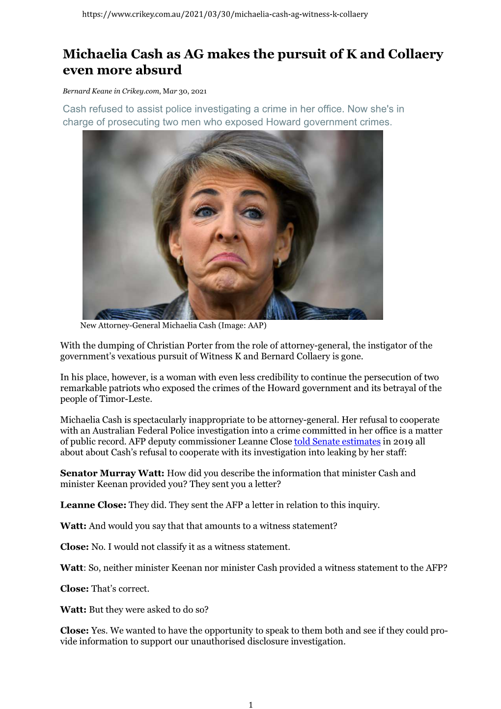 Michaelia Cash As AG Makes Pursuit of K and Collaery Even More Absurd