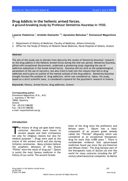 Drug Addicts in the Hellenic Armed Forces. a Ground-Breaking Study by Professor Demetrios Kouretas in 1930