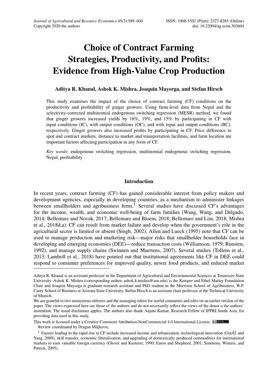 Choice of Contract Farming Strategies, Productivity, and Proﬁts: Evidence from High-Value Crop Production