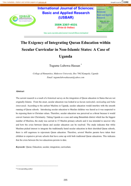 The Exigency of Integrating Quran Education Within Secular Curricular in Non-Islamic States: a Case of Uganda