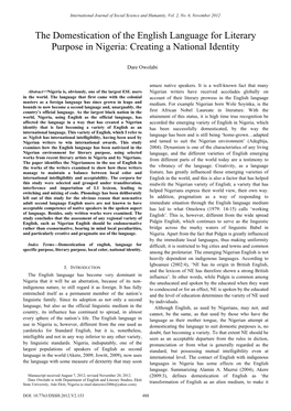 The Domestication of the English Language for Literary Purpose in Nigeria: Creating a National Identity