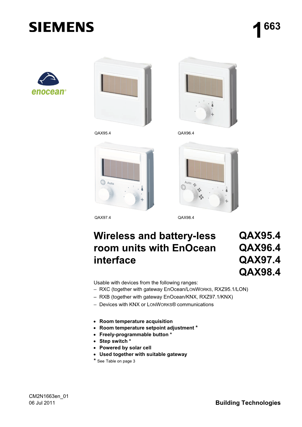 Qax9x.4, Wireless and Battery-Less Room Units with Enocean Interface