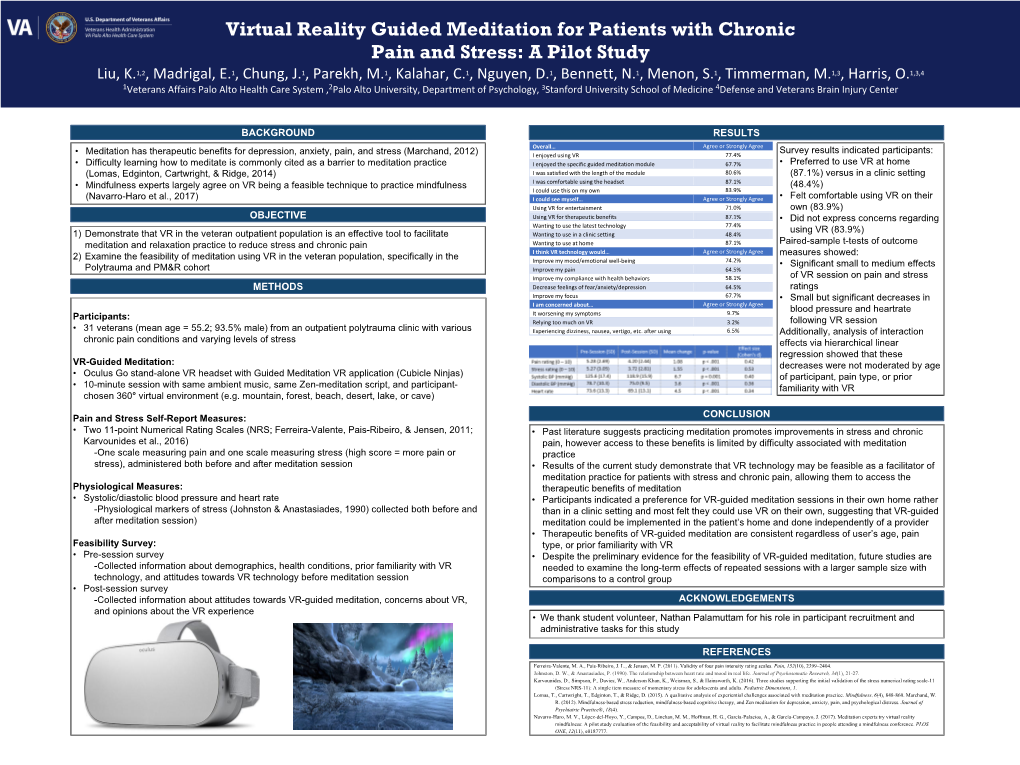 Feasibility of Virtual Reality Guided Meditation for Reduction of Stress