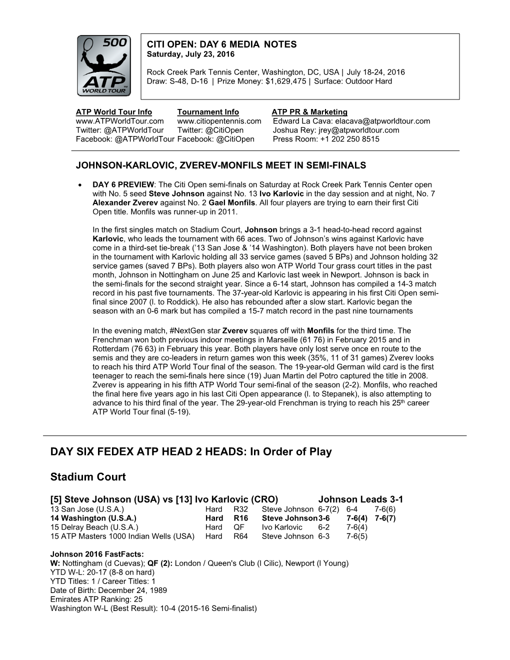 DAY SIX FEDEX ATP HEAD 2 HEADS: in Order of Play