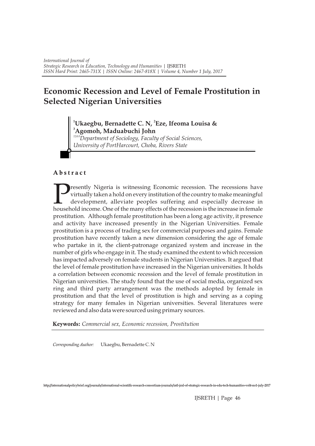 Economic Recession and Level of Female Prostitution in Selected Nigerian Universities