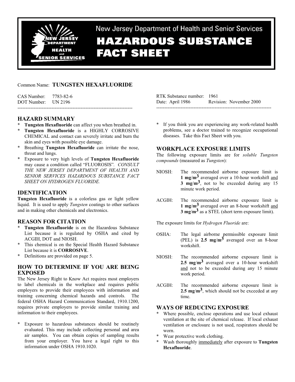 Tungsten Hexafluoride Hazard Summary