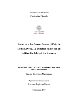 En Torno a La Presencia Total (1934), De Louis Lavelle. La Experiencia Del Ser En La Filosofía Del Espíritu Francesa