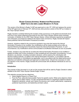 Rugby Canada Internal Nomination Procedures 2020 Tokyo Olympic Games Women’S 7S Team