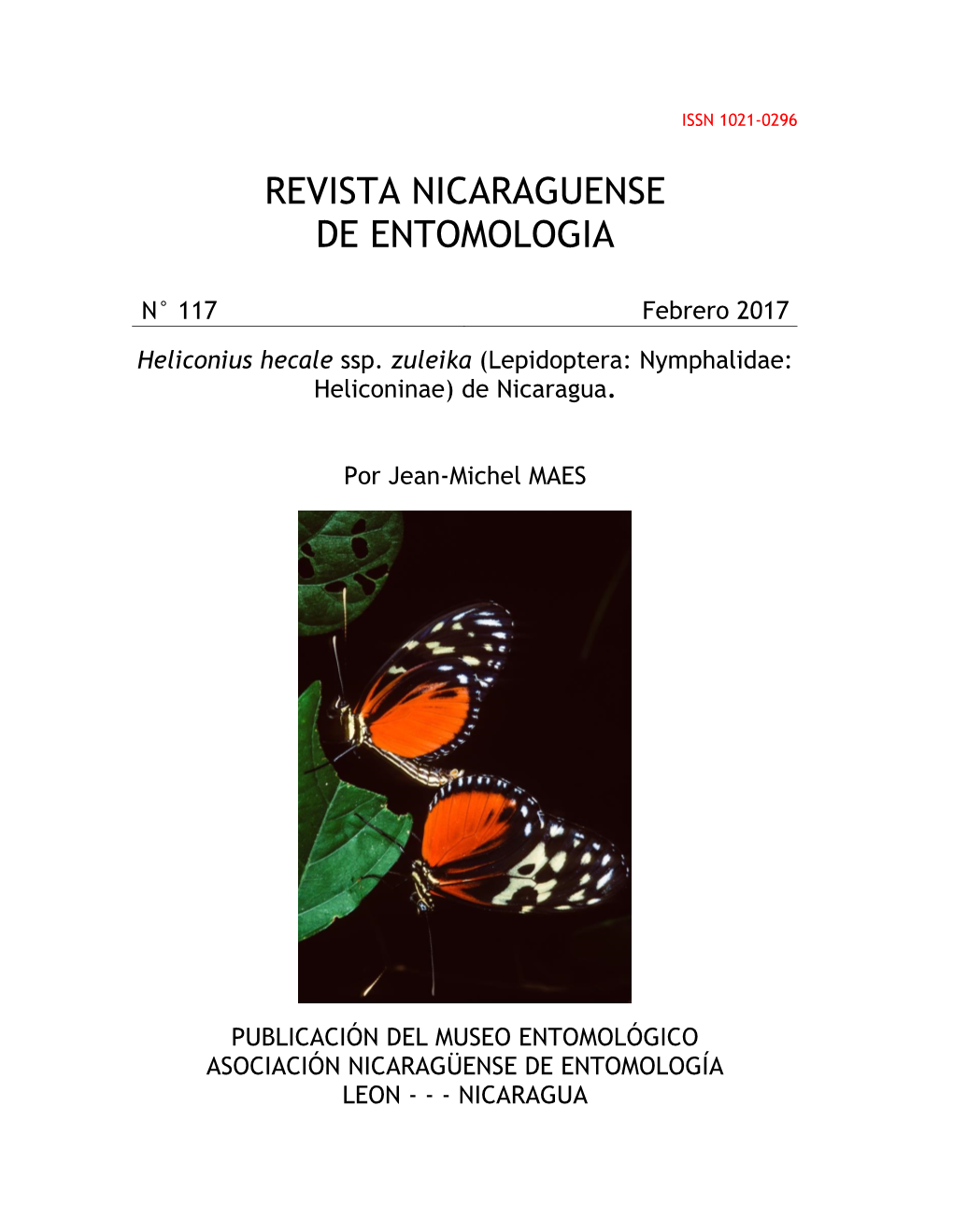 Heliconius Hecale Ssp. Zuleika (Lepidoptera: Nymphalidae: Heliconinae) De Nicaragua