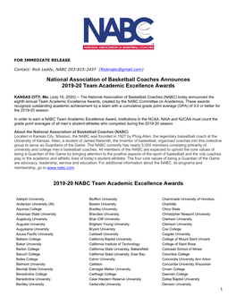 National Association of Basketball Coaches Announces 2019-20 Team Academic Excellence Awards