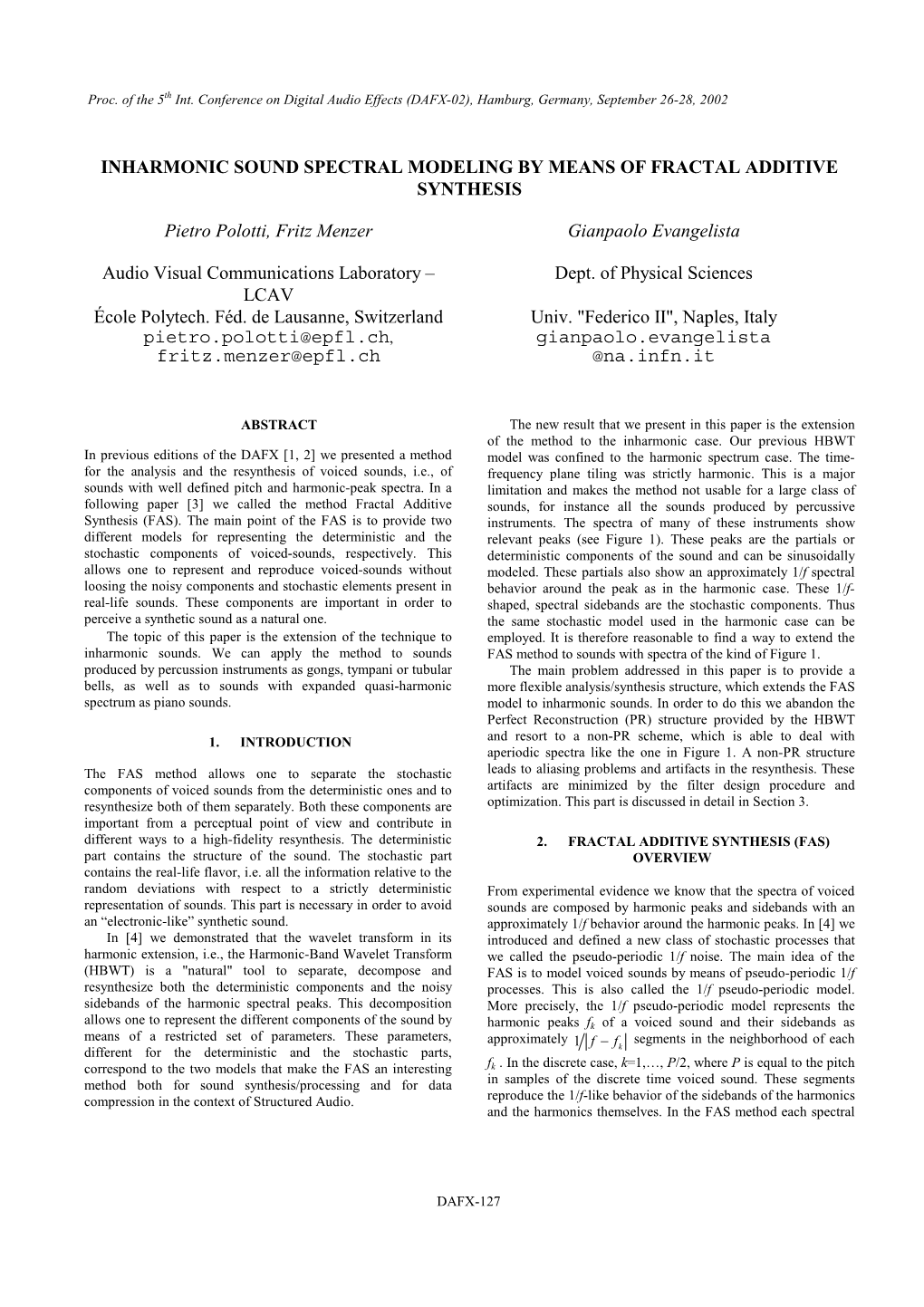 Inharmonic Sound Spectral Modeling by Means of Fractal Additive Synthesis