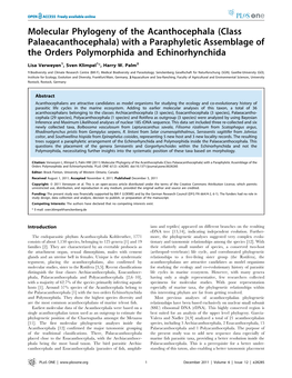 Molecular Phylogeny of the Acanthocephala (Class Palaeacanthocephala) with a Paraphyletic Assemblage of the Orders Polymorphida and Echinorhynchida