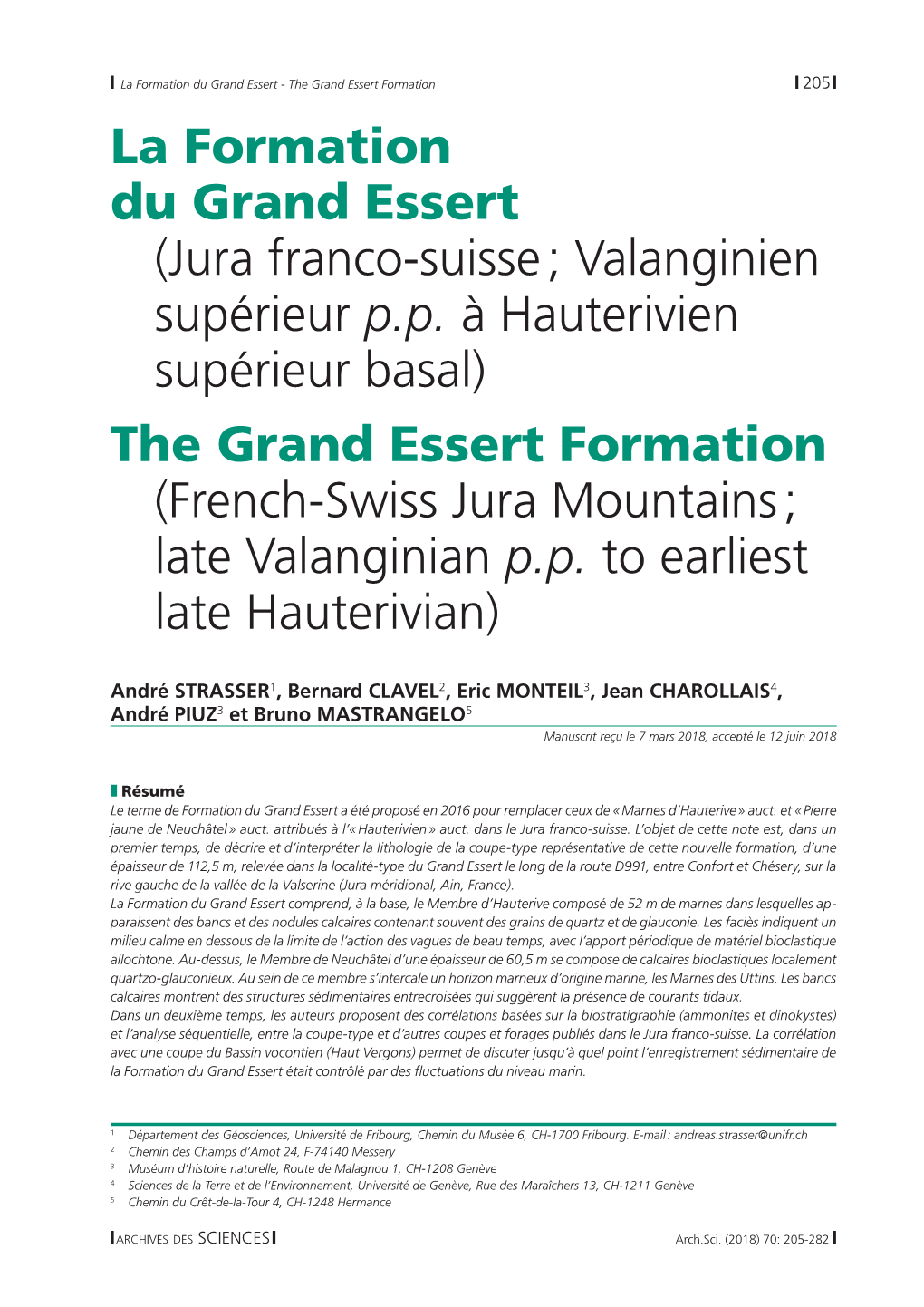 La Formation Du Grand Essert (Jura Franco-Suisse ; Valanginien Supérieur P.P