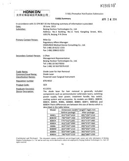 HONKON 15 10(K) Premarket Notification Submission 510(K) Summary APR 2 4 2014