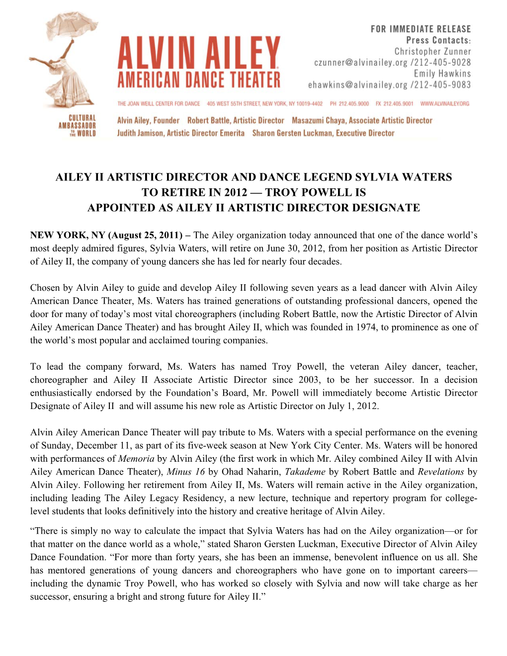 Ailey Ii Artistic Director and Dance Legend Sylvia Waters to Retire in 2012 — Troy Powell Is Appointed As Ailey Ii Artistic Director Designate