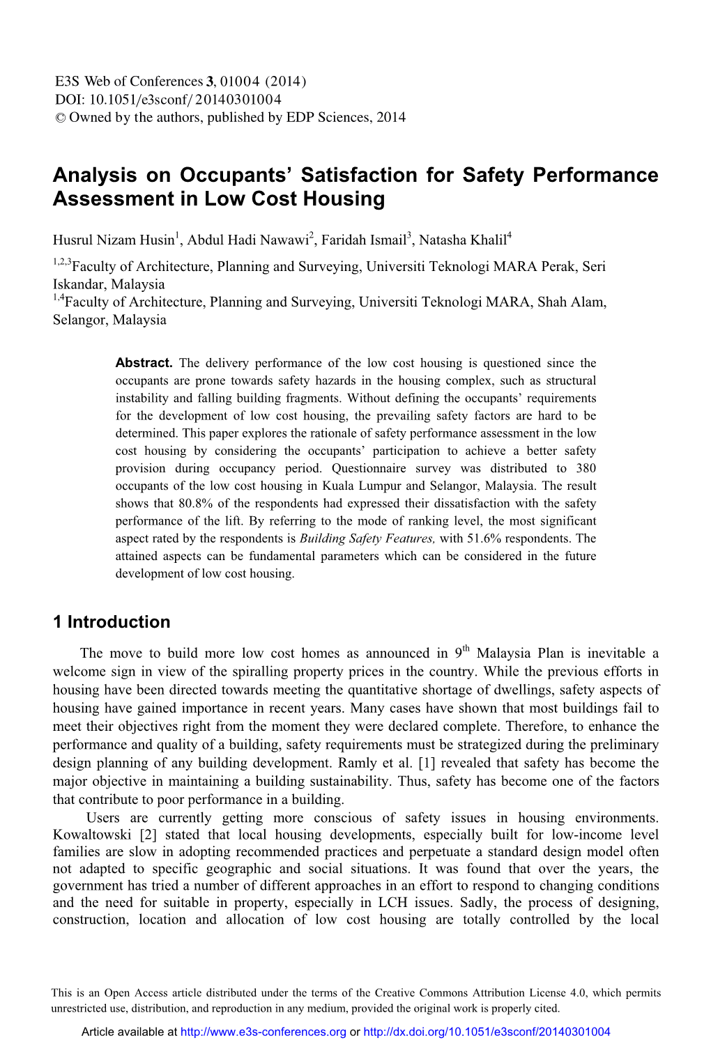 Analysis on Occupants' Satisfaction for Safety Performance Assessment In