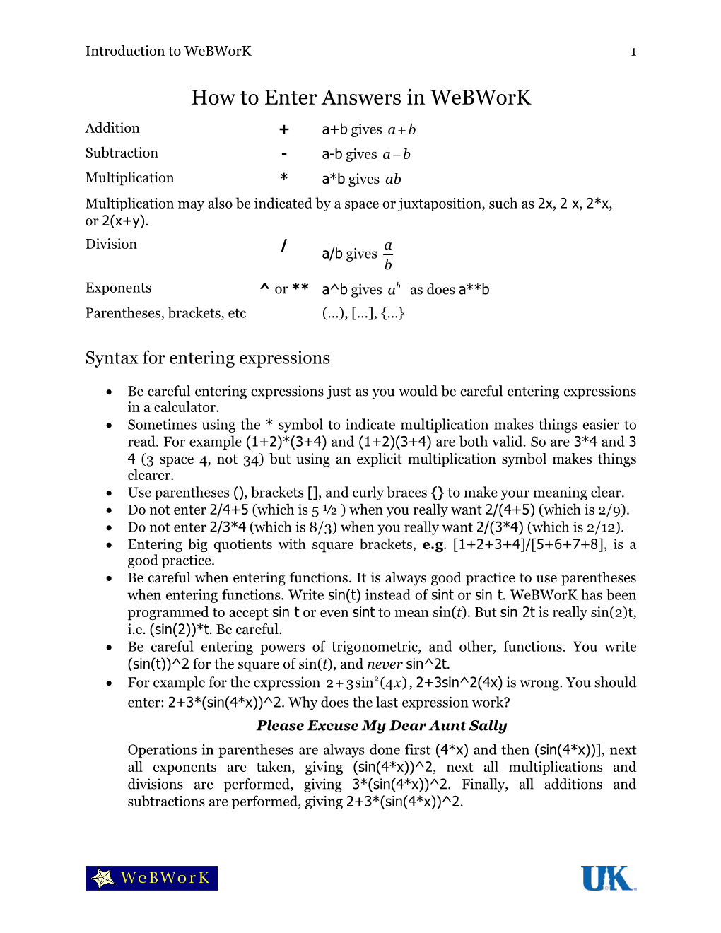 How to Enter Answers in Webwork