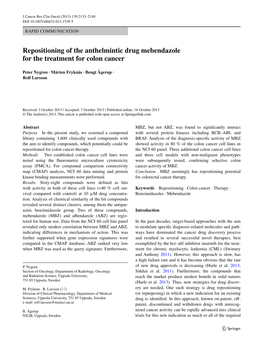 Repositioning of the Anthelmintic Drug Mebendazole for the Treatment for Colon Cancer