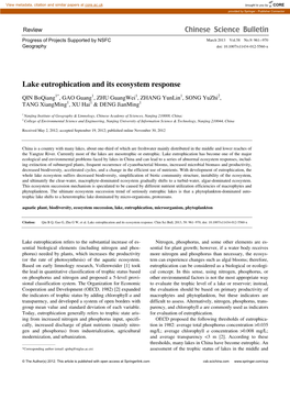 Lake Eutrophication and Its Ecosystem Response