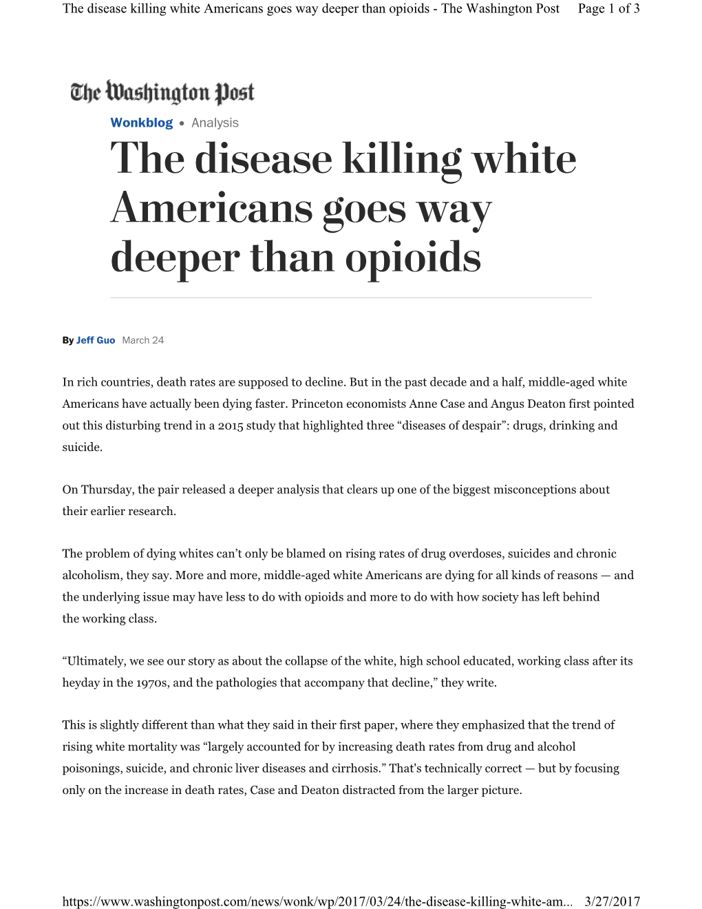 The Disease Killing White Americans Goes Way Deeper Than Opioids - the Washington Post Page 1 of 3