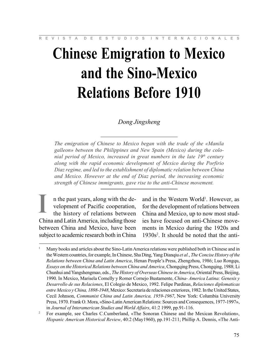 Chinese Emigration to Mexico and the Sino-Mexico Relations Before 1910