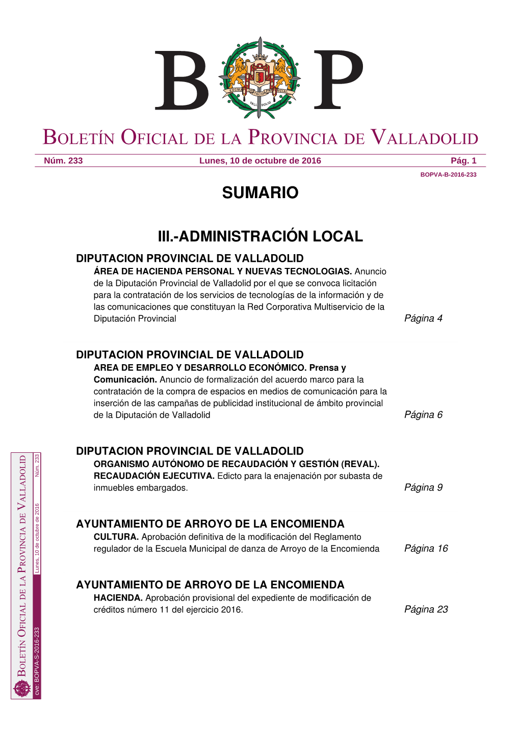 Sumario Boletín Oficial De La Provincia De Valladolid