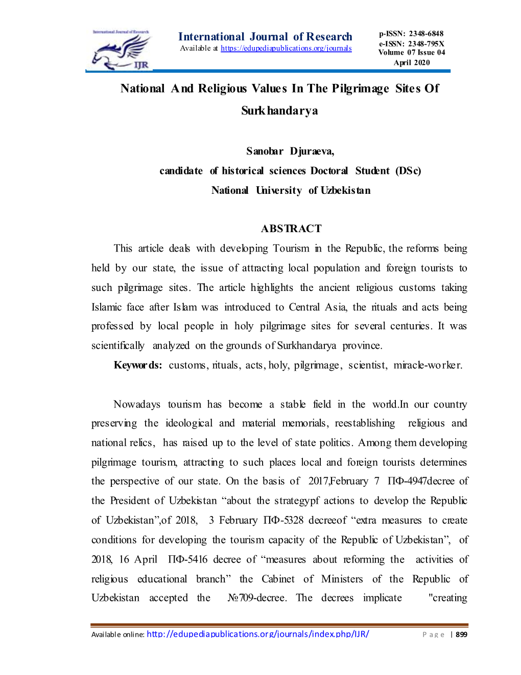 National and Religious Values in the Pilgrimage Sites of Surkhandarya