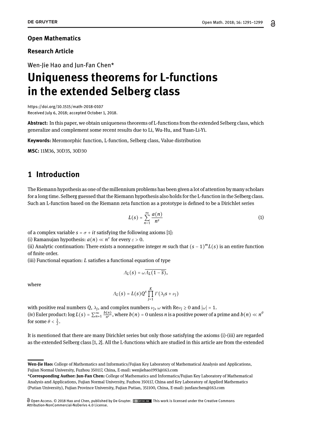 Uniqueness Theorems for L-Functions in the Extended Selberg Class Received July 6, 2018; Accepted October 1, 2018