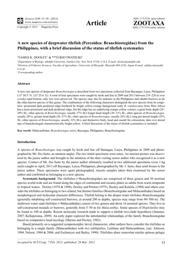 A New Species of Deepwater Tilefish (Percoidea: Branchiostegidae) from the Philippines, with a Brief Discussion of the Status of Tilefish Systematics