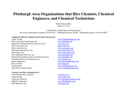 Pittsburgh Area Organizations That Hire Chemists, Chemical Engineers, and Chemical Technicians