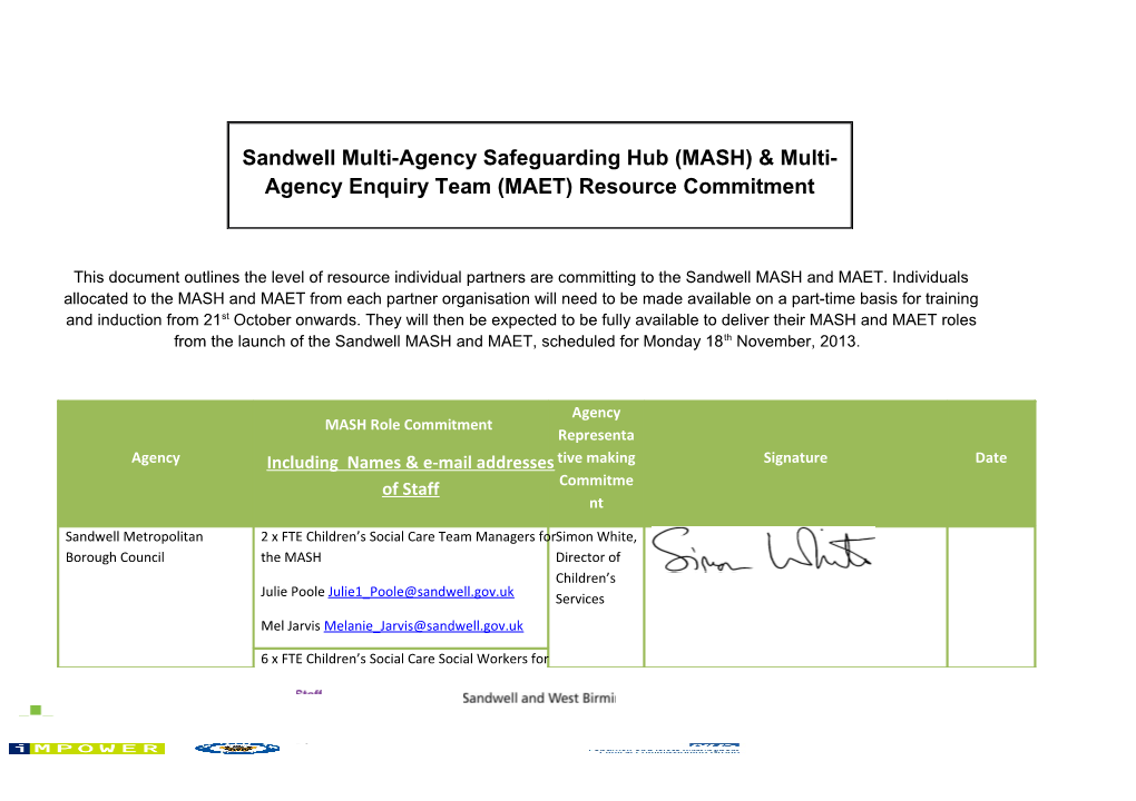 This Document Outlines the Level of Resource Individual Partners Are Committing to The